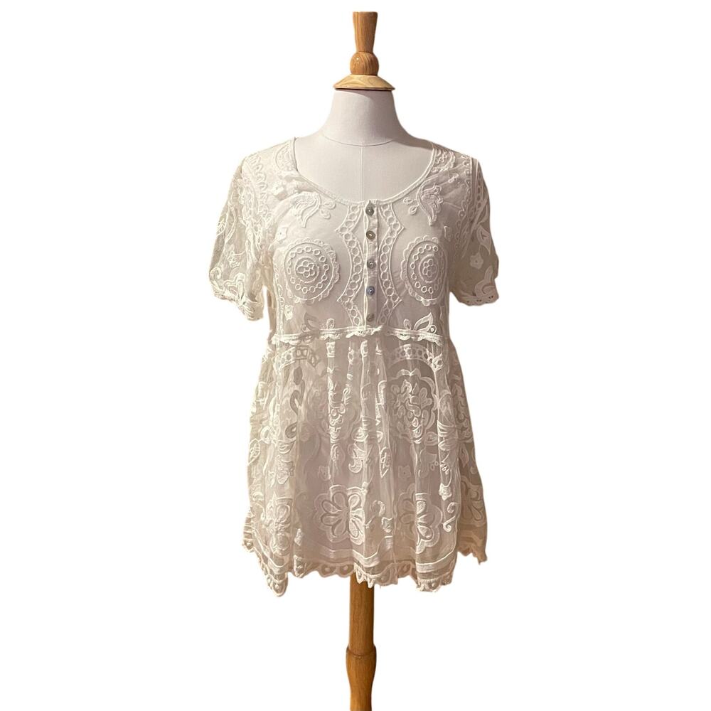 Davi & Dani Cotton Blend Ivory Sheer Lace Babydoll Top, Size S